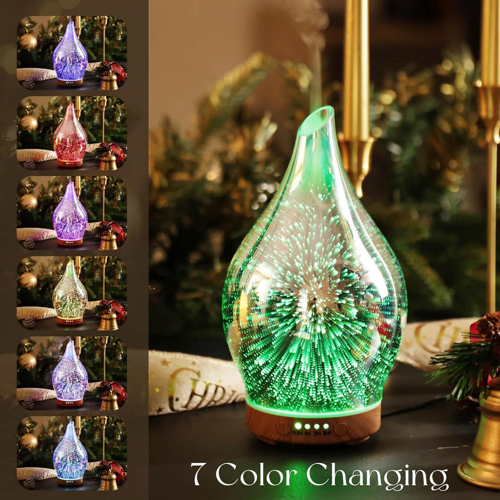 Essential Oil Diffuser 3D Glass Aromatherapy Ultrasonic Humidifier, Air Refresh Auto Shut-Off, Timer Setting, BPA Free for Home Hotel Yoga Leisure SPA Gift 100Ml Last 4H