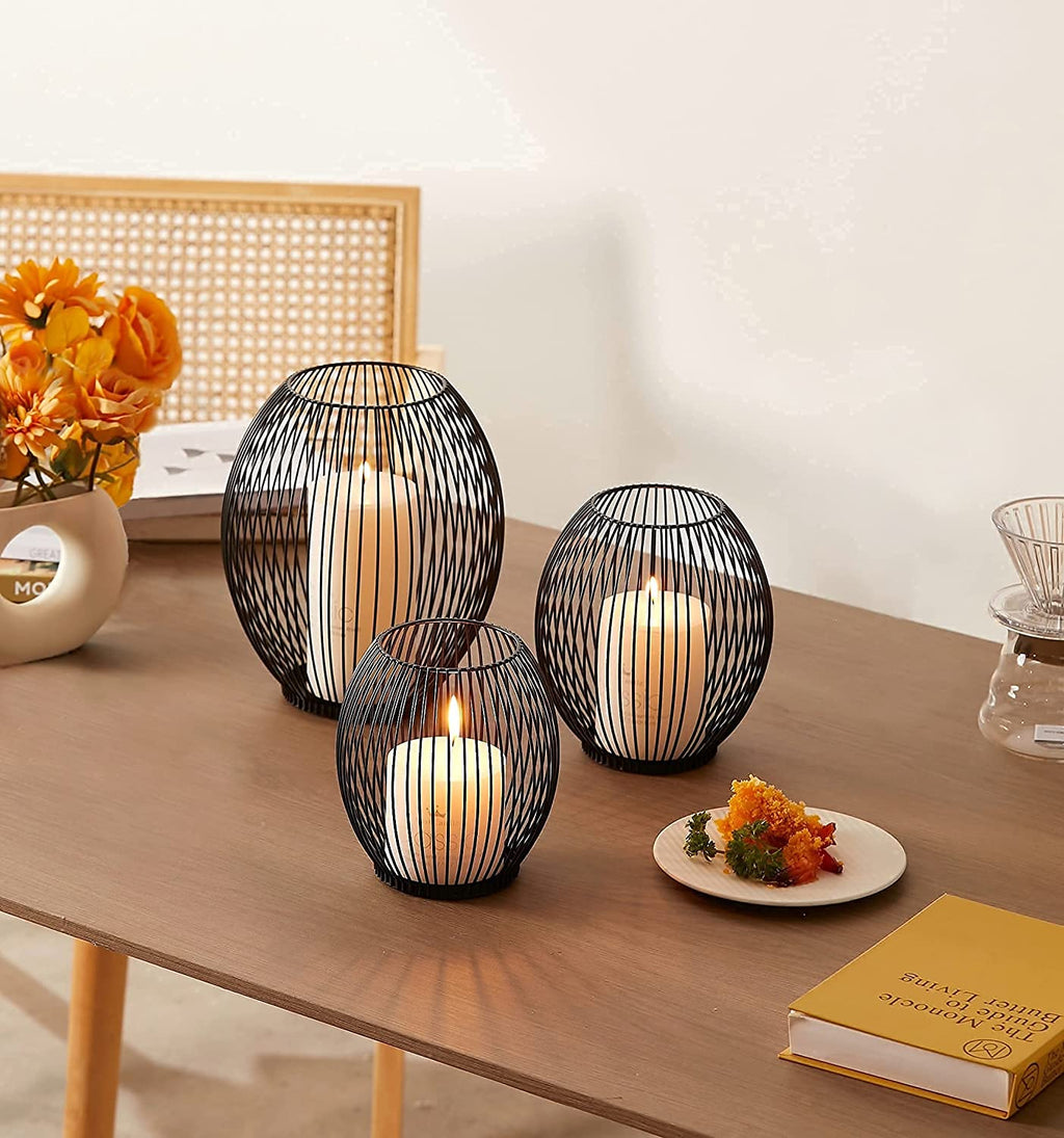 Metal Candle Holders Set - Black Outdoor Candle Holder - Pillar Candle Holder - Hurricane Candle Holders for Pillar Candles - Cage Candle Holders for Table - Iron Candle Holders Decorative