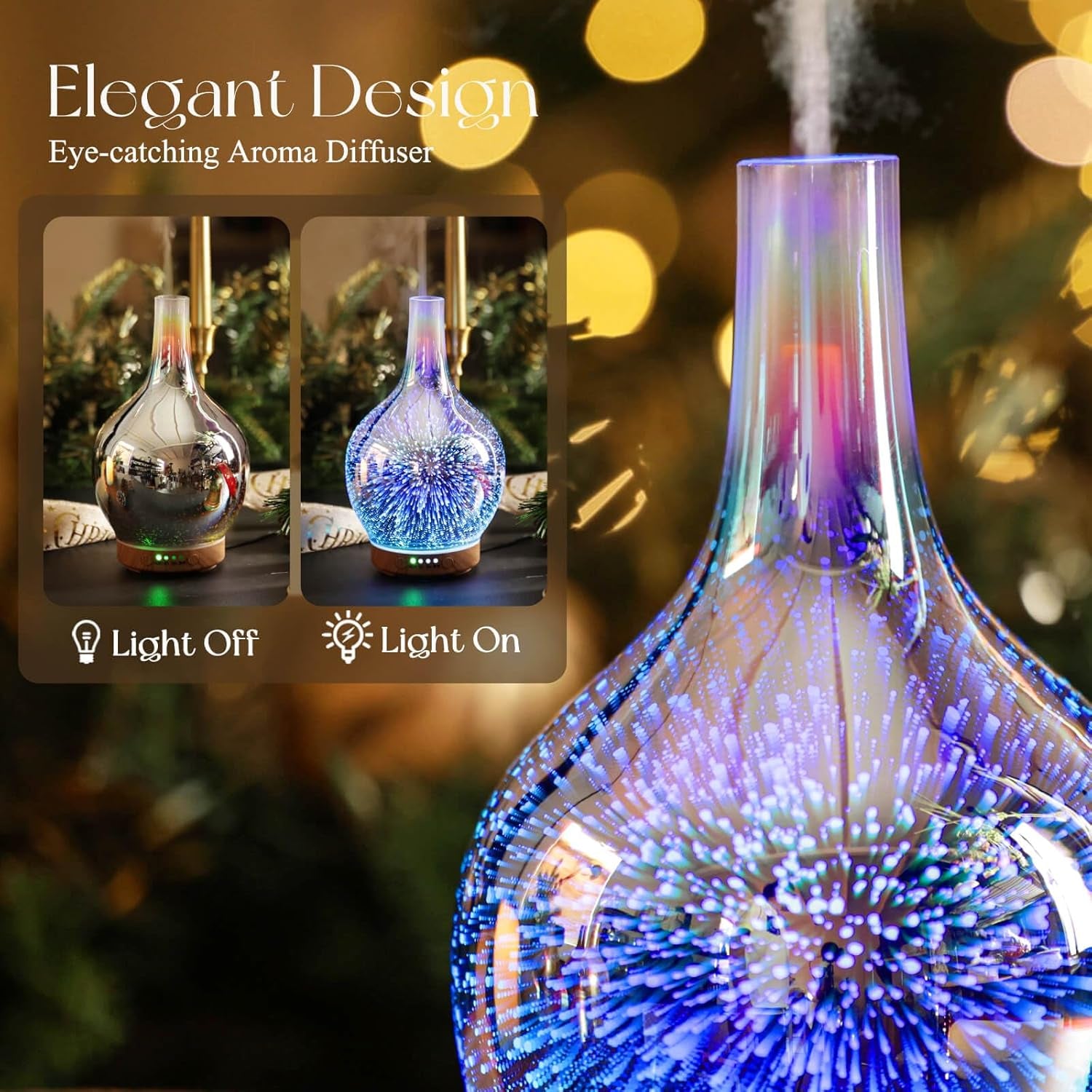 Rose Gold Essential Oil Diffuser 3D Glass Aromatherapy Ultrasonic Humidifier,Waterless Auto-Off,Timer Setting, BPA Free,Air Refresh for Home Hotel Yoga Leisure SPA Gift 100Ml