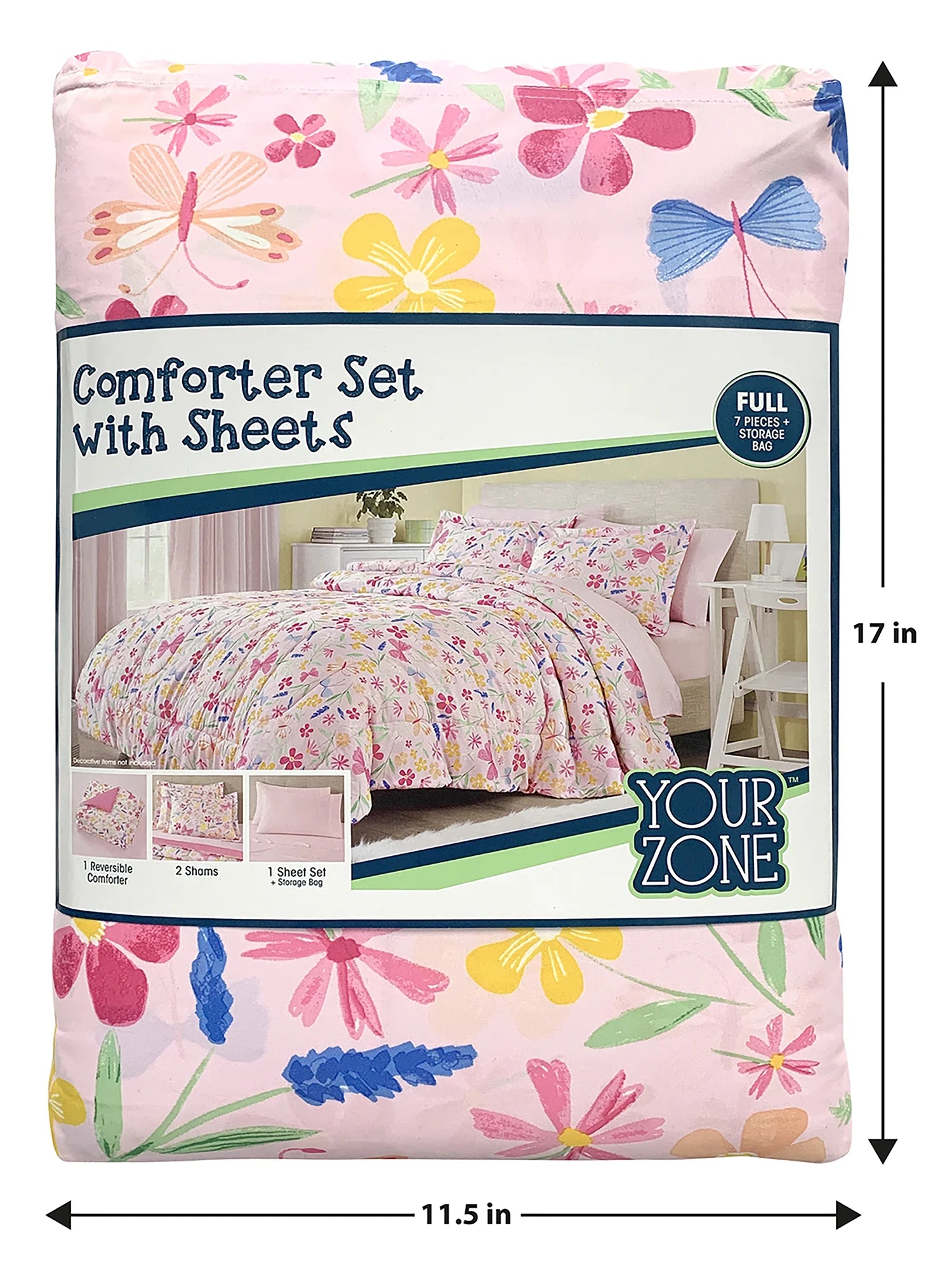 7 Piece Pink Wildflower Polyester Bedding Set for Girls, Full