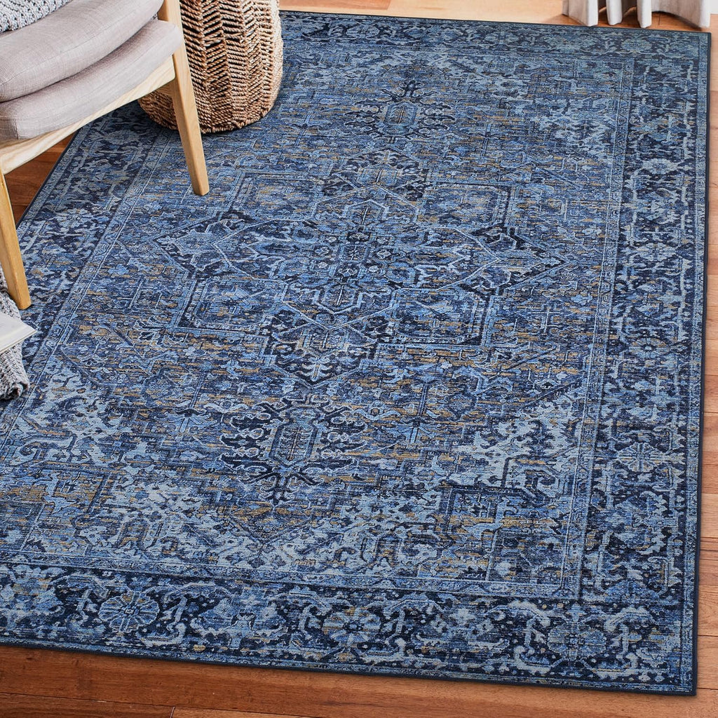 Realife Machine Washable Rug - Stain Resistant, Non-Shed - Eco-Friendly, Non-Slip, Family & Pet Friendly - Made from Premium Recycled Fibers - Vintage Distressed Traditional - Blue, 7'6" X 9'6"
