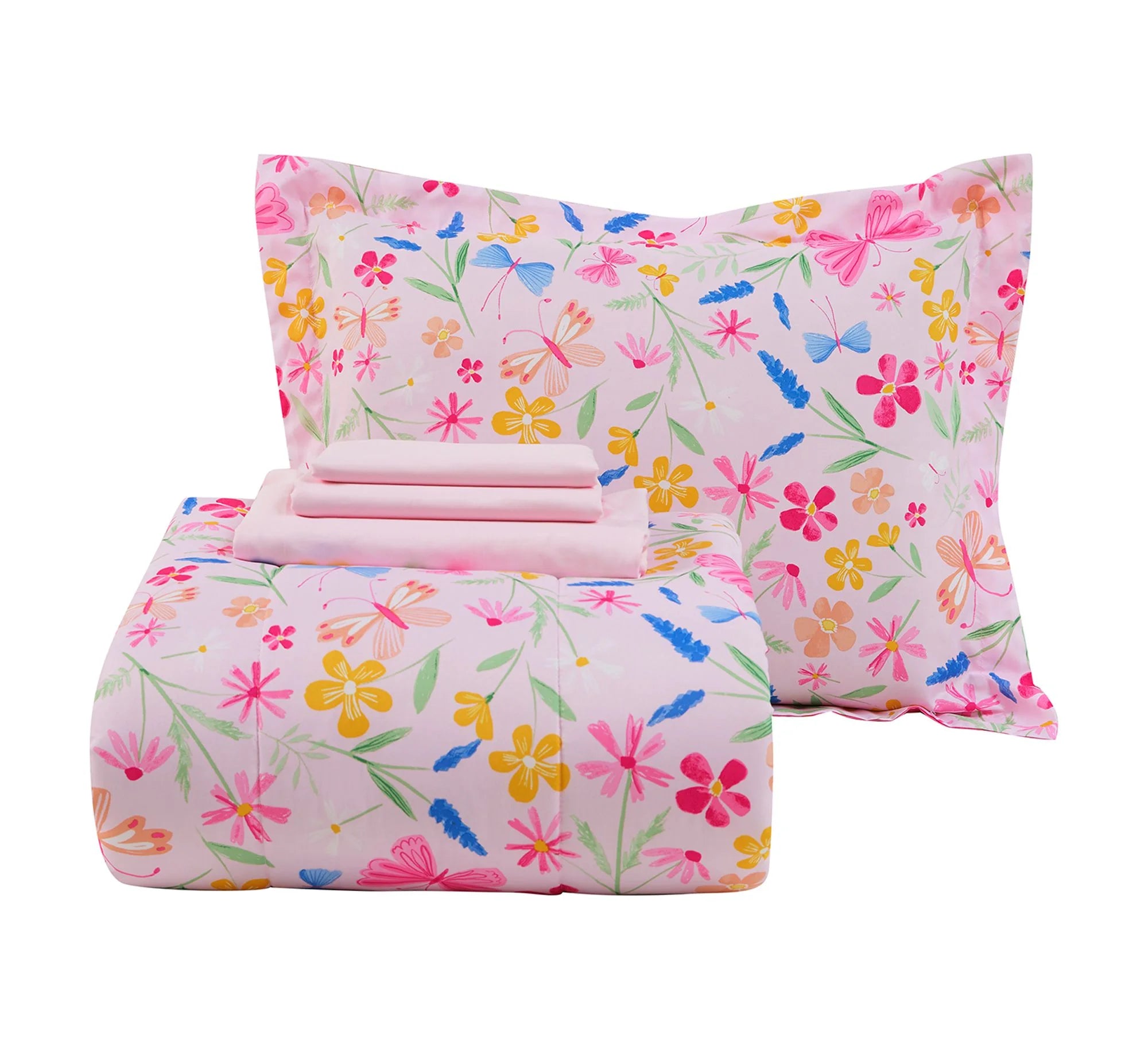 7 Piece Pink Wildflower Polyester Bedding Set for Girls, Full