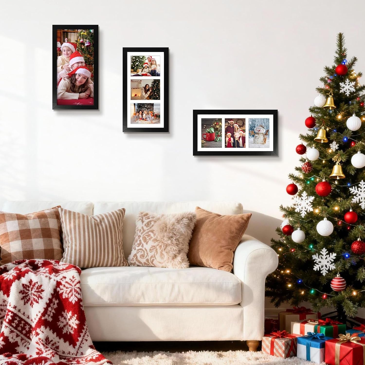 , 7X14 Black Photo Wood Collage Frame with Mat Displays (3) 4"X6" Pictures