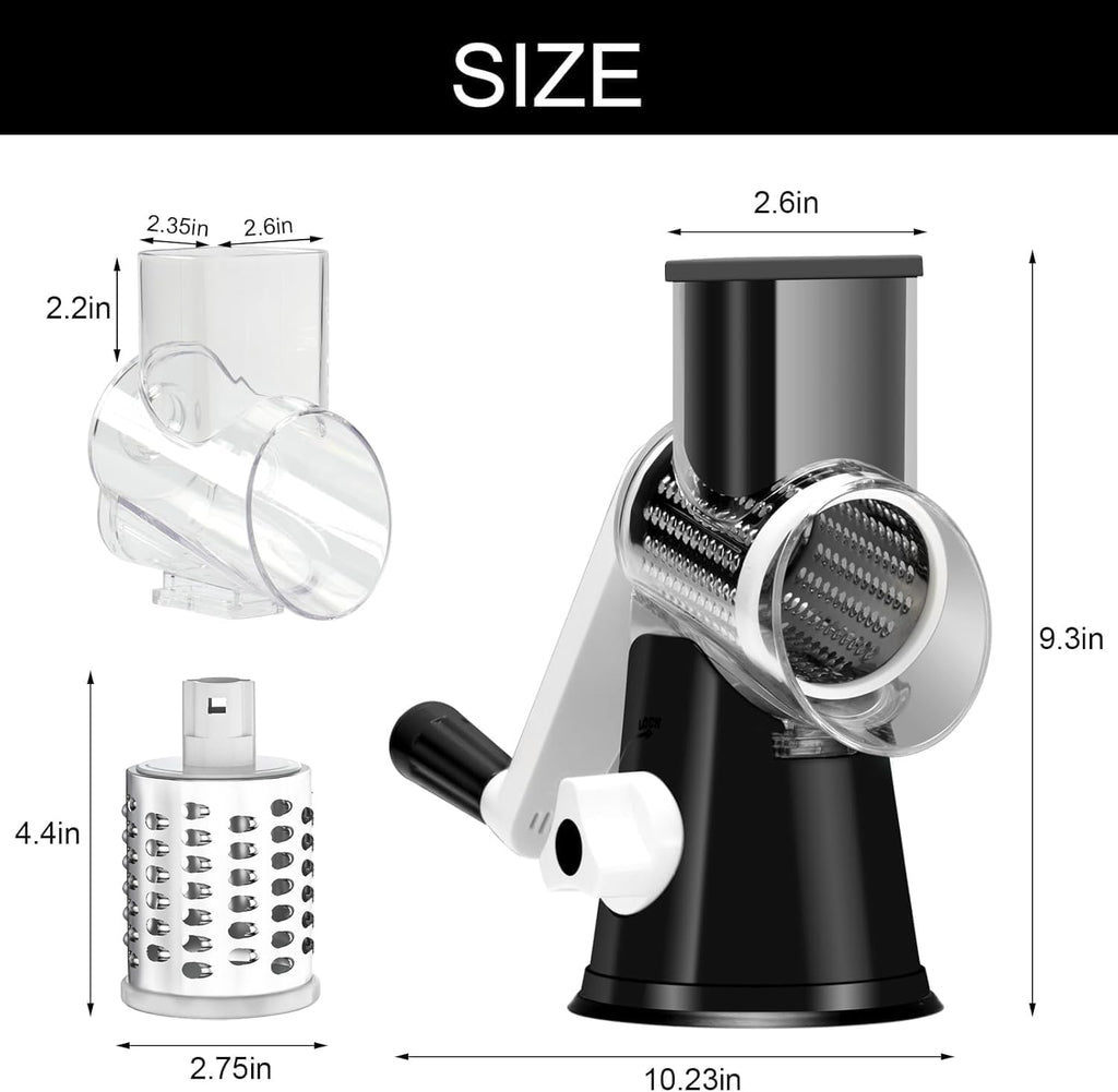 Rotary Cheese Grater Cheese Shredder -  Kitchen Manual Cheese Grater with Handle Vegetable Slicer Nuts Grinder 3 Replaceable Drum Blades and Strong Suction Base Free Cleaning Brush
