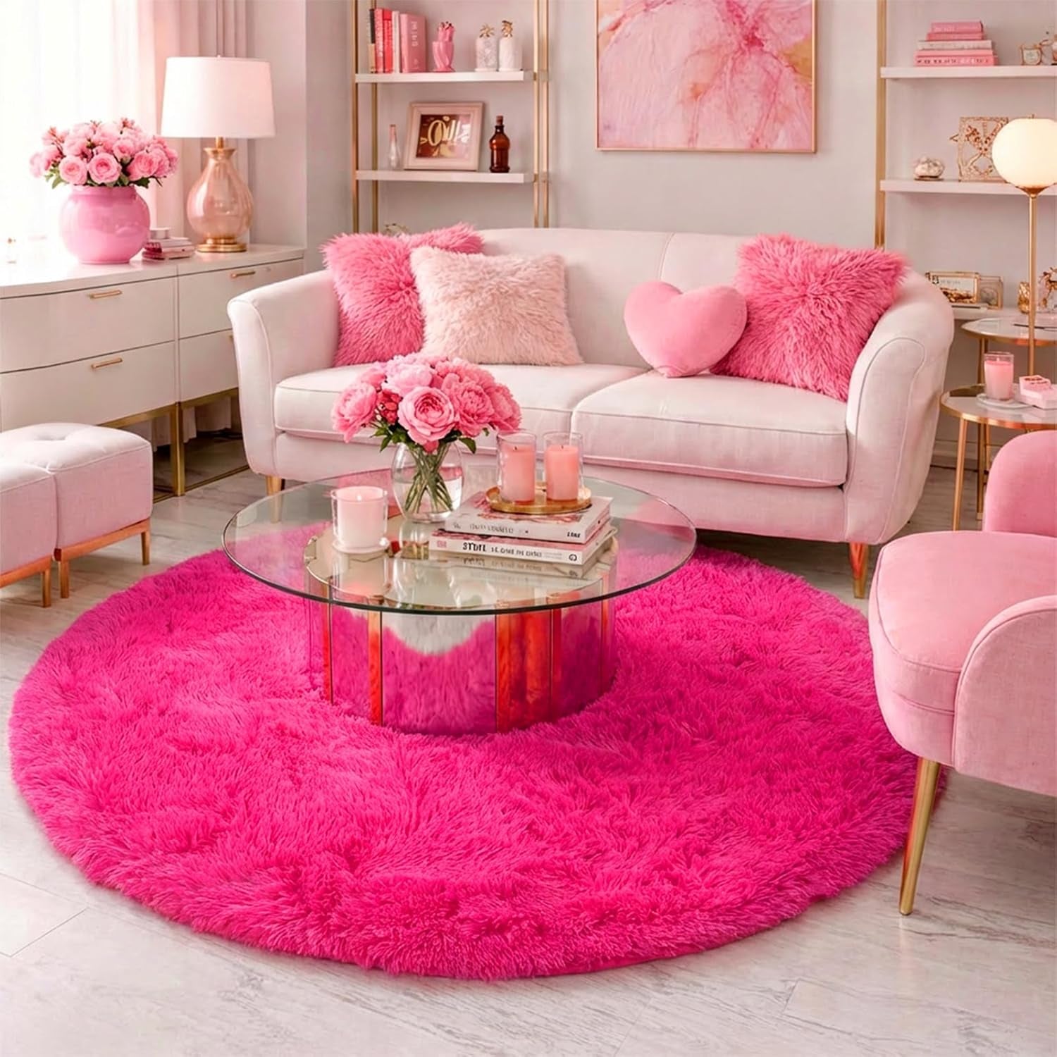 Hot Pink round Rug for Girls Bedroom,Fluffy Circle Rug 4'X4' for Kids Room,Furry Carpet for Teen Girls Room,Shaggy Circular Rug for Nursery Room,Fuzzy Plush Rug for Dorm,Pink Carpet,Cute Room Decor