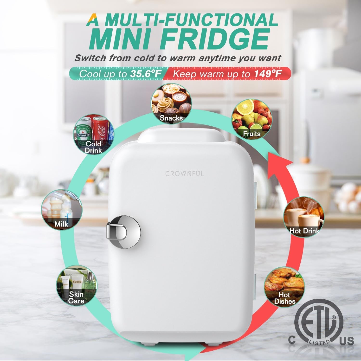 Mini Fridge, 4 Liter/6 Can Portable Cooler and Warmer Personal Refrigerator for Skin Care, Cosmetics, Beverage, Food,Great for Bedroom, Office, Car, Dorm, ETL Listed (White)