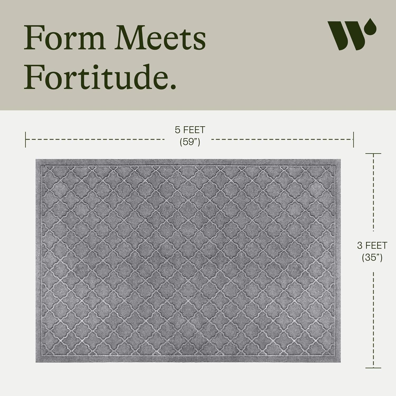 Bungalow Flooring  Door Mat, 3' X 5' Made in USA, Durable and Decorative Floor Covering, Skid Resistant, Indoor/Outdoor, Water-Trapping, Cordova Collection, Medium Grey