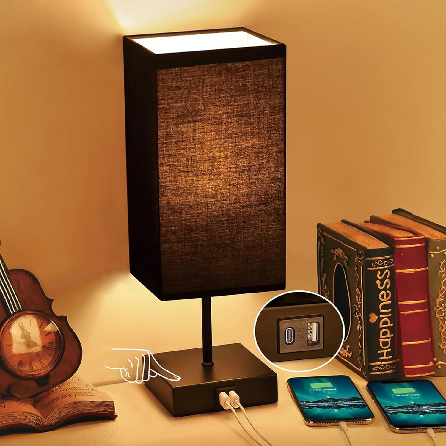 Table Lamp for Bedroom, 3 Way Dimmable Touch Bedside Lamp, Small Lamp with 2 USB & Outlet, Black Nightstand Lamps for End Table, Living Room, Desk, Bulb Included