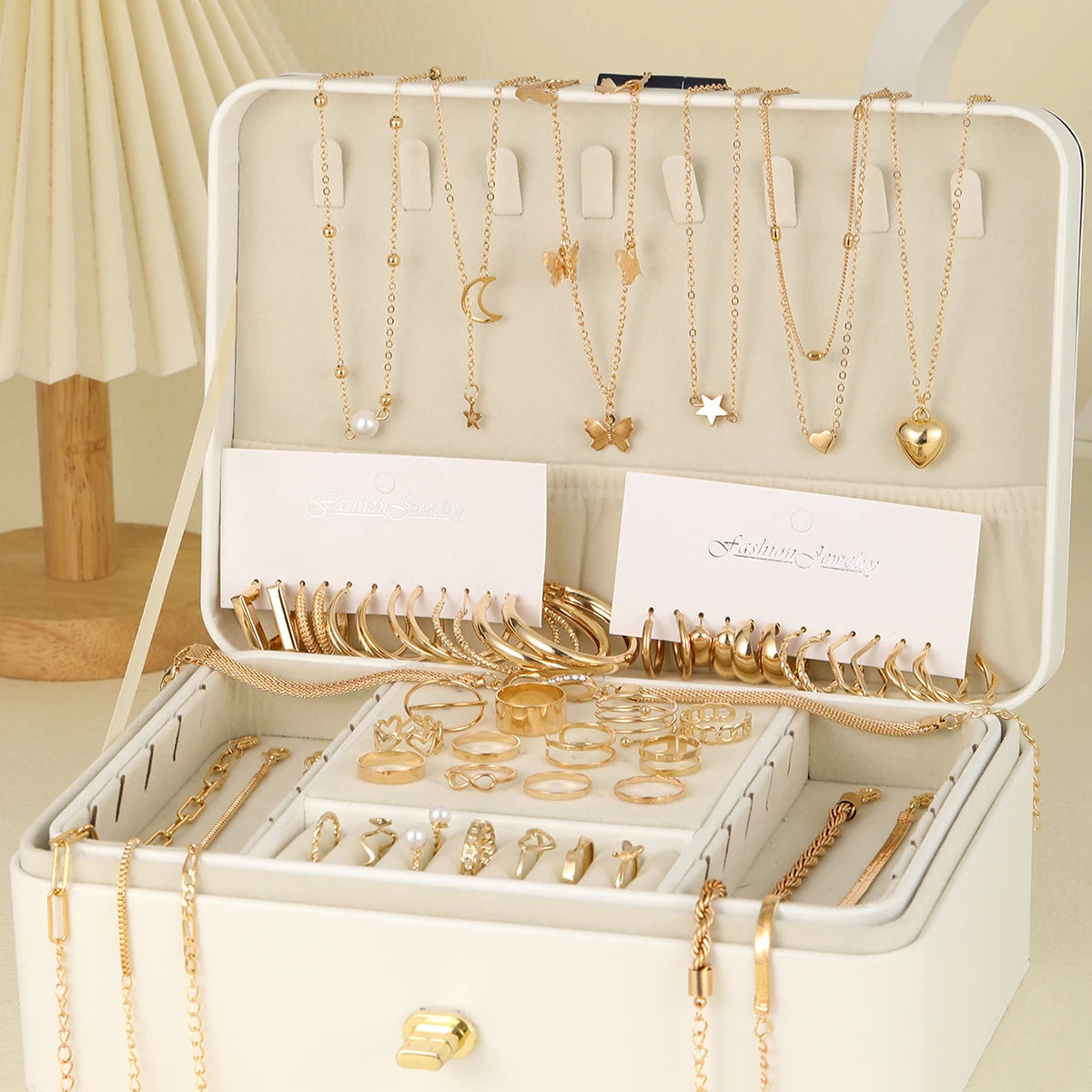 Chic Vintage Gold Jewelry Set: Stunning Pendant Necklace, Twisted C-Hoop Earrings, Elegant Rings & Bracelet for Everyday Glam!