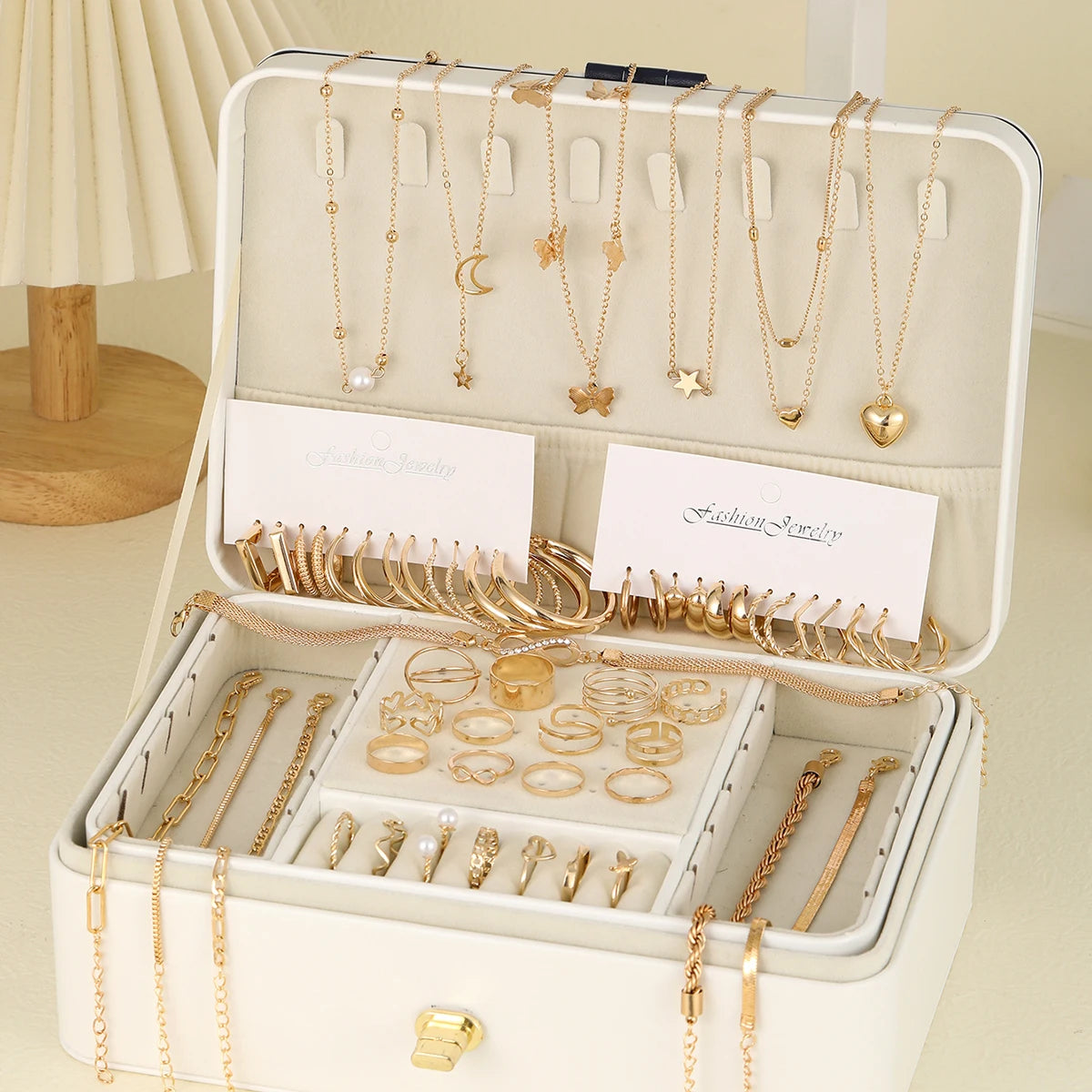 Chic Vintage Gold Jewelry Set: Stunning Pendant Necklace, Twisted C-Hoop Earrings, Elegant Rings & Bracelet for Everyday Glam!