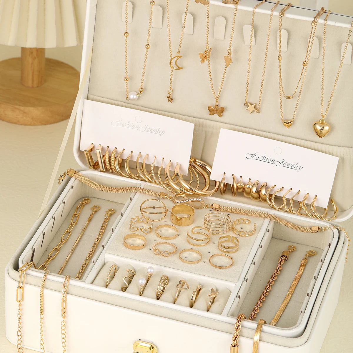 Chic Vintage Gold Jewelry Set: Stunning Pendant Necklace, Twisted C-Hoop Earrings, Elegant Rings & Bracelet for Everyday Glam!