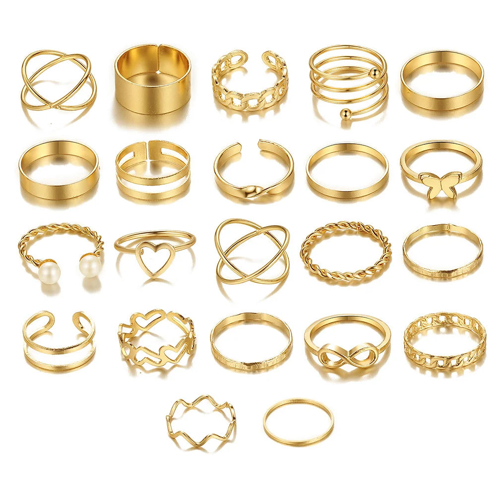 Chic Vintage Gold Jewelry Set: Stunning Pendant Necklace, Twisted C-Hoop Earrings, Elegant Rings & Bracelet for Everyday Glam!