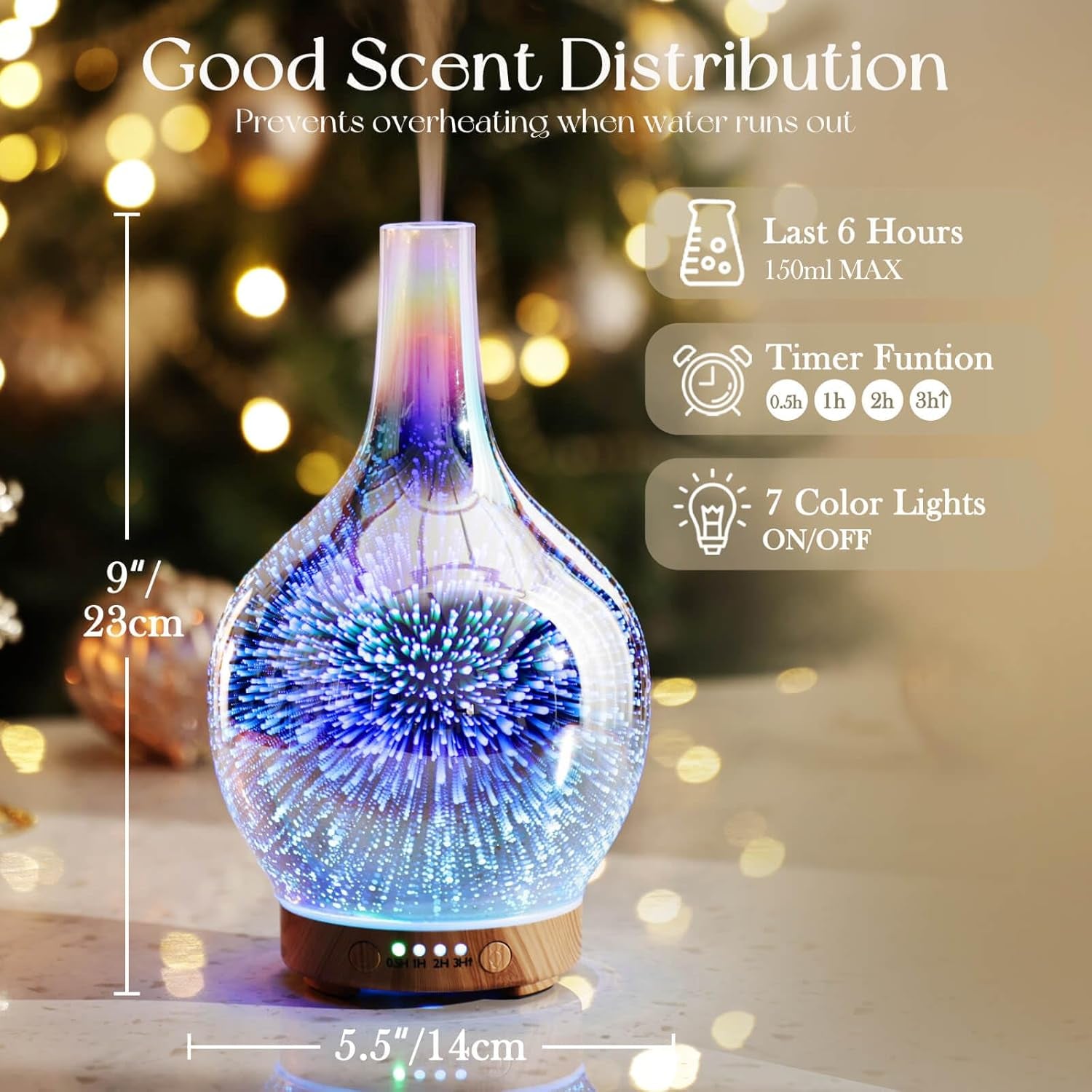 Rose Gold Essential Oil Diffuser 3D Glass Aromatherapy Ultrasonic Humidifier,Waterless Auto-Off,Timer Setting, BPA Free,Air Refresh for Home Hotel Yoga Leisure SPA Gift 100Ml
