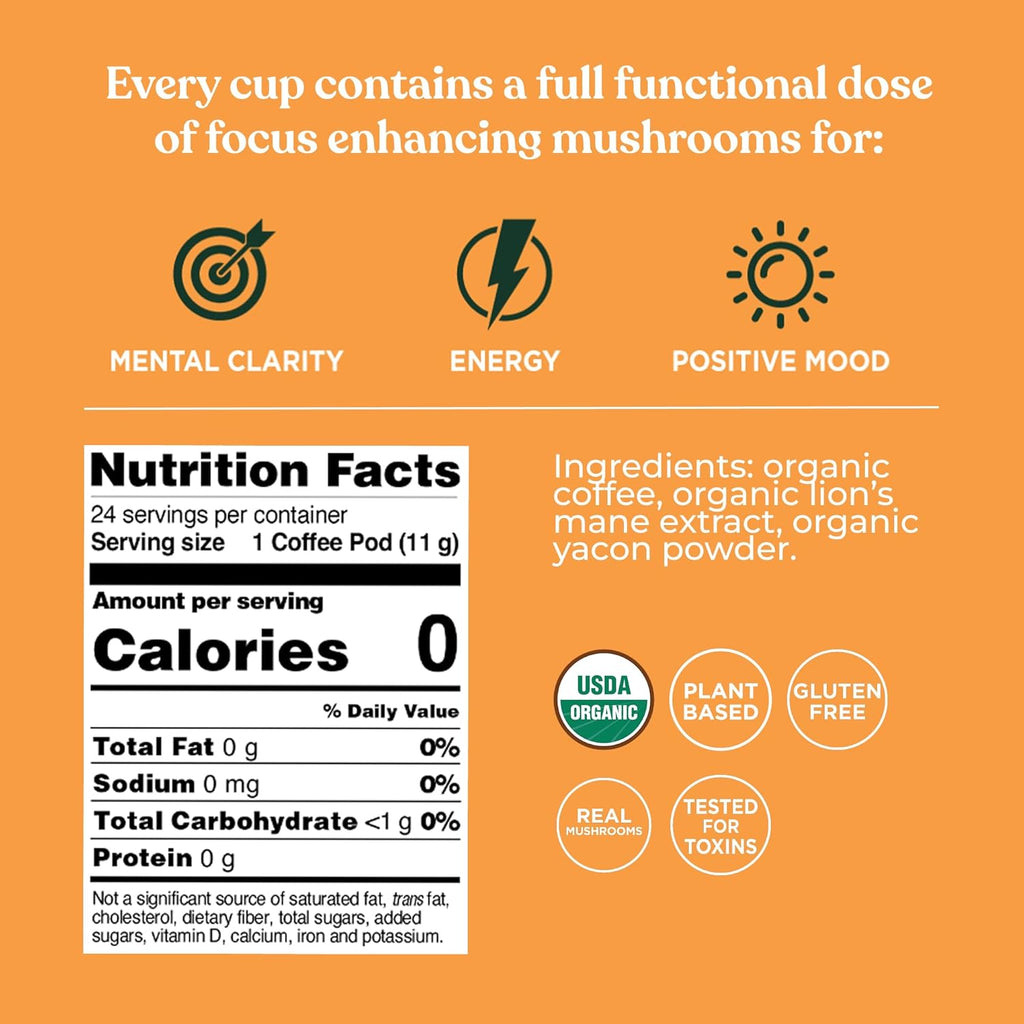 Mushroom Coffee K-Cups, Organic and Fair Trade Coffee with Lions Mane, Chaga, & Mushroom Powder, Focus & Immune Support, 24 Count
