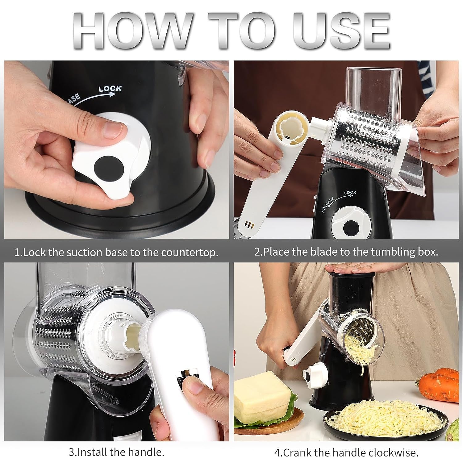 Rotary Cheese Grater Cheese Shredder -  Kitchen Manual Cheese Grater with Handle Vegetable Slicer Nuts Grinder 3 Replaceable Drum Blades and Strong Suction Base Free Cleaning Brush