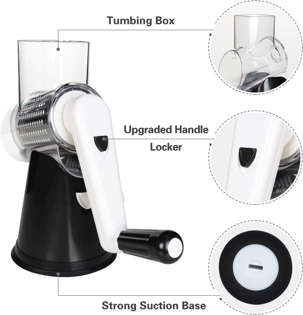 Rotary Cheese Grater Cheese Shredder -  Kitchen Manual Cheese Grater with Handle Vegetable Slicer Nuts Grinder 3 Replaceable Drum Blades and Strong Suction Base Free Cleaning Brush