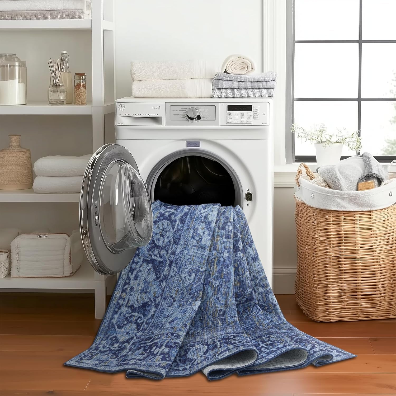 Realife Machine Washable Rug - Stain Resistant, Non-Shed - Eco-Friendly, Non-Slip, Family & Pet Friendly - Made from Premium Recycled Fibers - Vintage Distressed Traditional - Blue, 7'6" X 9'6"
