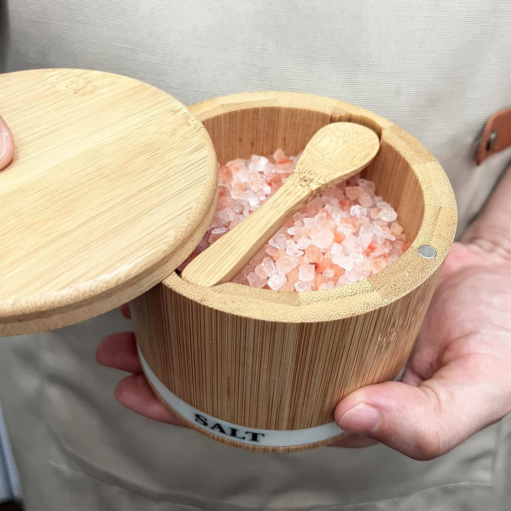 Salt and Pepper Bowls Bamboo Pepper Salt Box with Swivel Lid and Spoon 2 Piece Set Salt and Pepper Cellar to Easily Open and Seal with 2 Spoon Storage Spice Pepper Salt Container