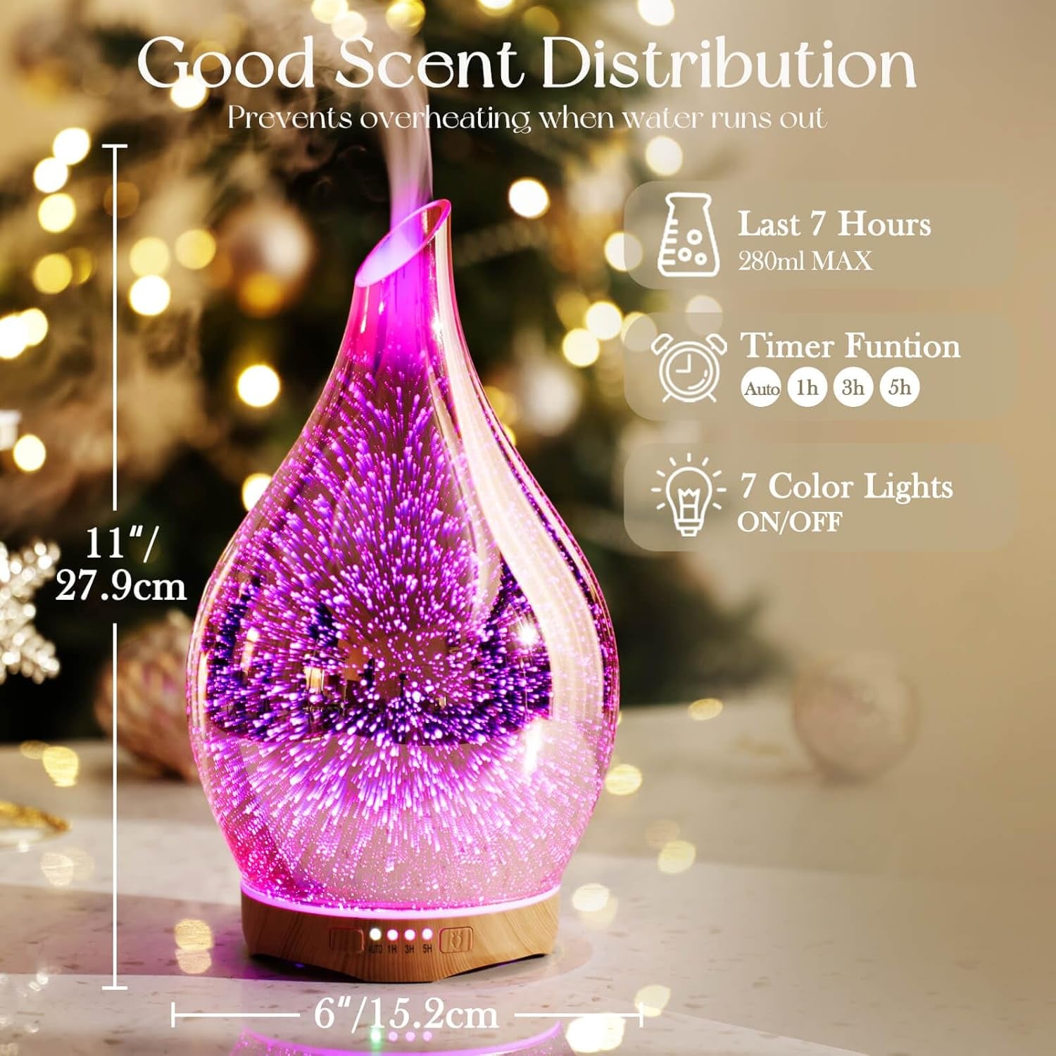 280Ml Essential Oil Diffuser, 3D Glass Aromatherapy Diffusor, Ultrasonic Cool Mist BPA Free Aroma Humidifier with Timer and Color Changing Function, Waterless Shut-Off for Home Office Room