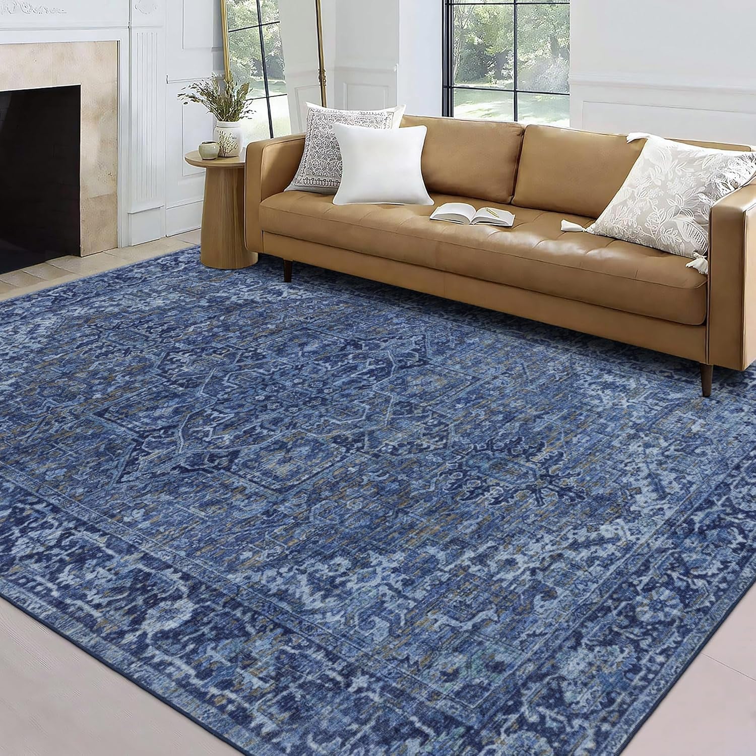 Realife Machine Washable Rug - Stain Resistant, Non-Shed - Eco-Friendly, Non-Slip, Family & Pet Friendly - Made from Premium Recycled Fibers - Vintage Distressed Traditional - Blue, 7'6" X 9'6"