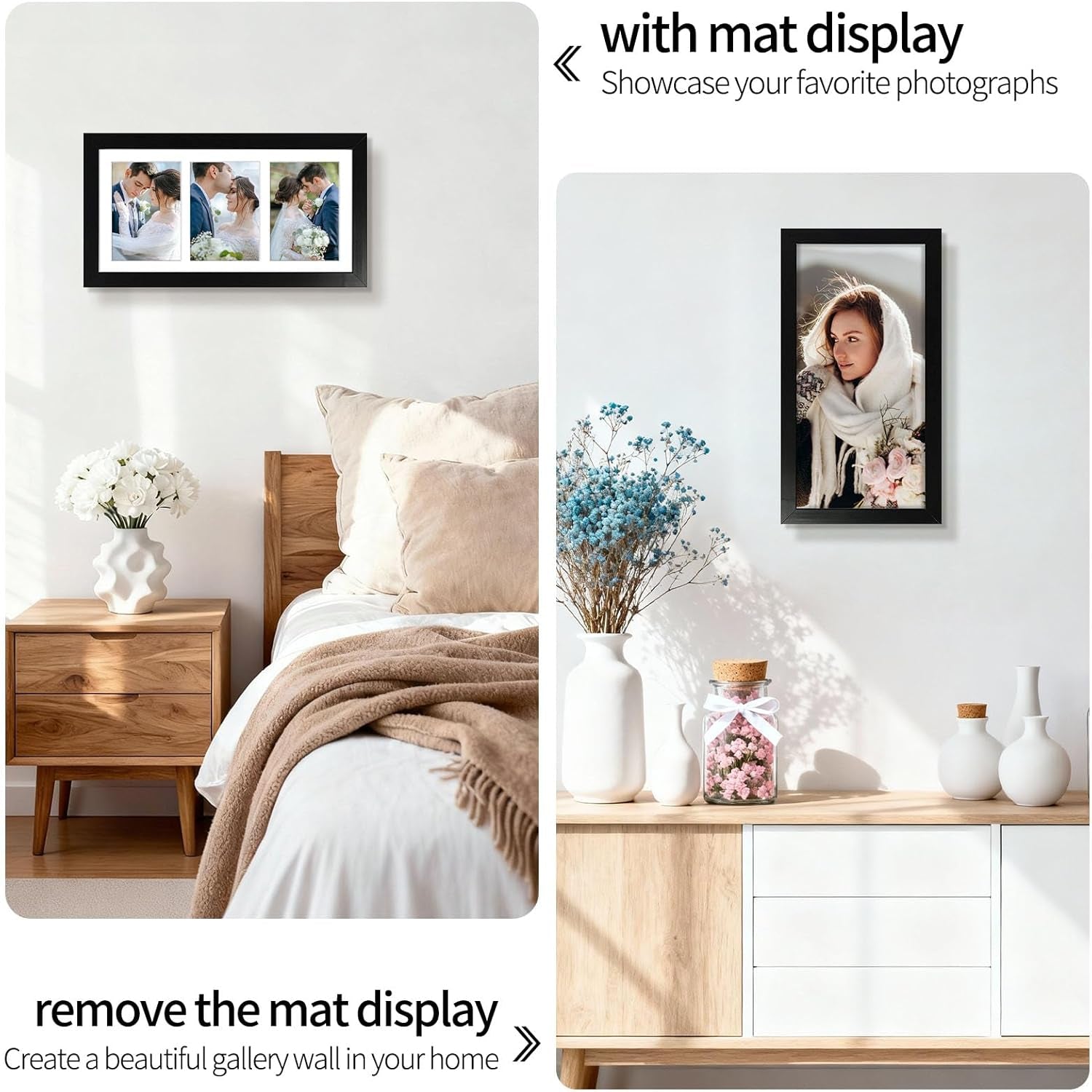 , 7X14 Black Photo Wood Collage Frame with Mat Displays (3) 4"X6" Pictures