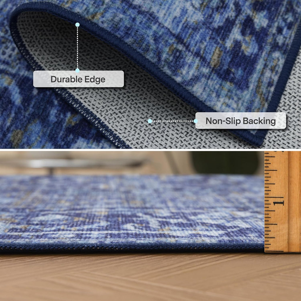 Realife Machine Washable Rug - Stain Resistant, Non-Shed - Eco-Friendly, Non-Slip, Family & Pet Friendly - Made from Premium Recycled Fibers - Vintage Distressed Traditional - Blue, 7'6" X 9'6"