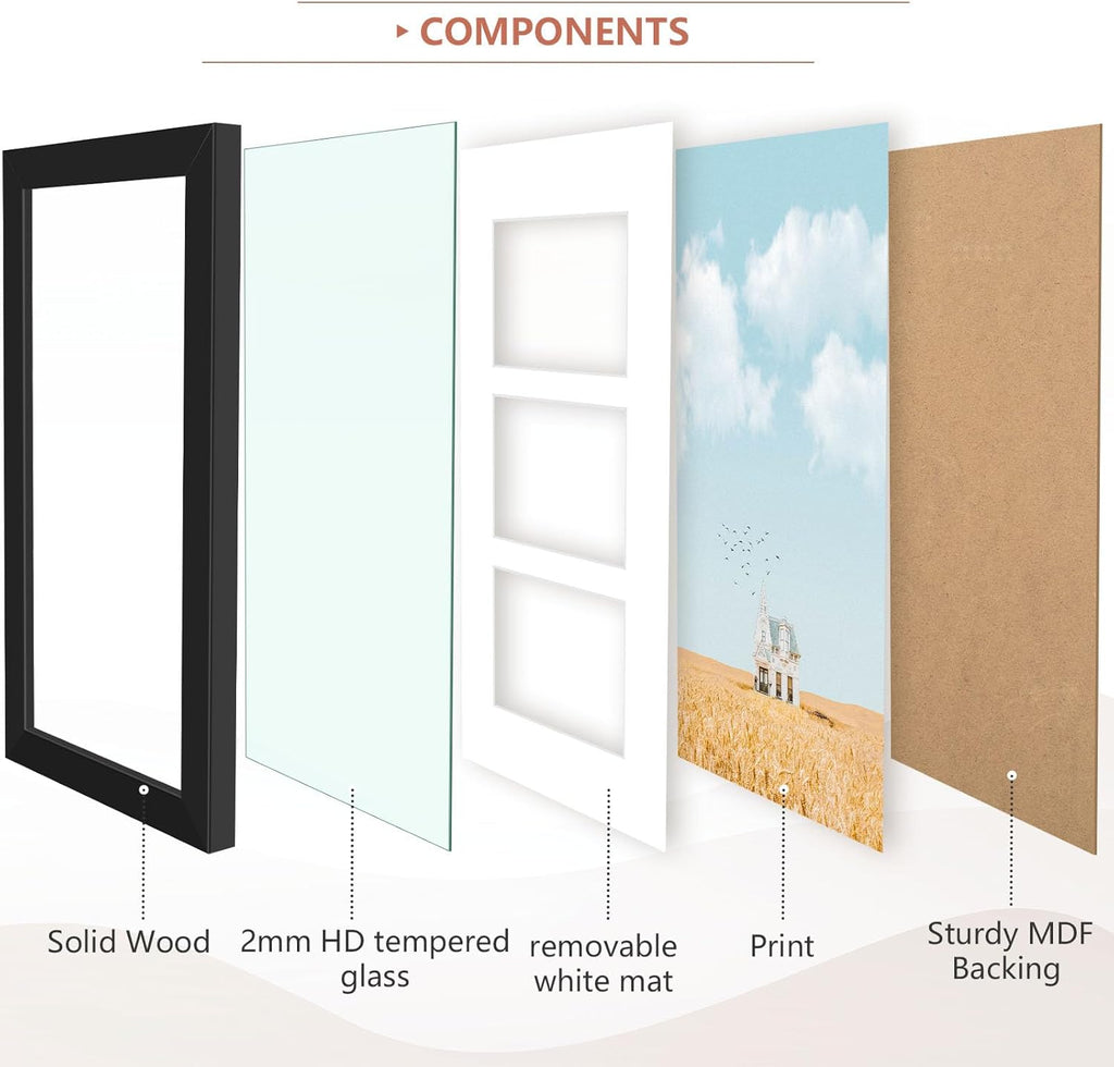 , 7X14 Black Photo Wood Collage Frame with Mat Displays (3) 4"X6" Pictures