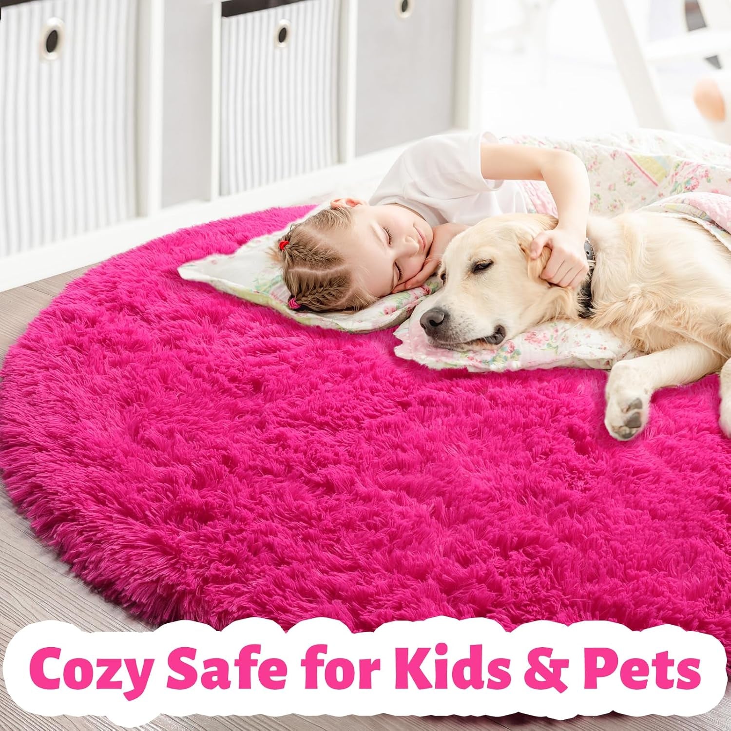 Hot Pink round Rug for Girls Bedroom,Fluffy Circle Rug 4'X4' for Kids Room,Furry Carpet for Teen Girls Room,Shaggy Circular Rug for Nursery Room,Fuzzy Plush Rug for Dorm,Pink Carpet,Cute Room Decor
