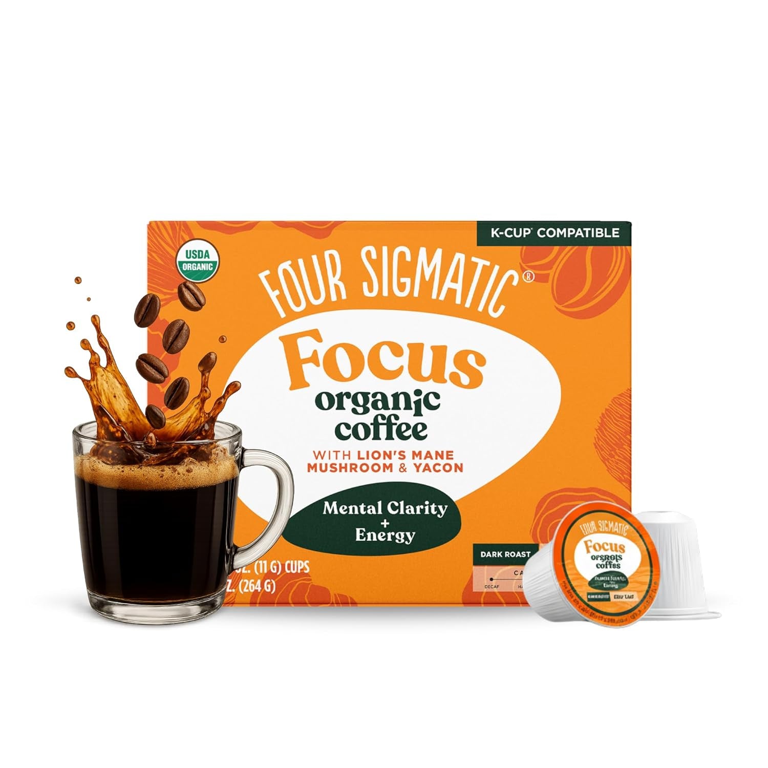 Mushroom Coffee K-Cups, Organic and Fair Trade Coffee with Lions Mane, Chaga, & Mushroom Powder, Focus & Immune Support, 24 Count