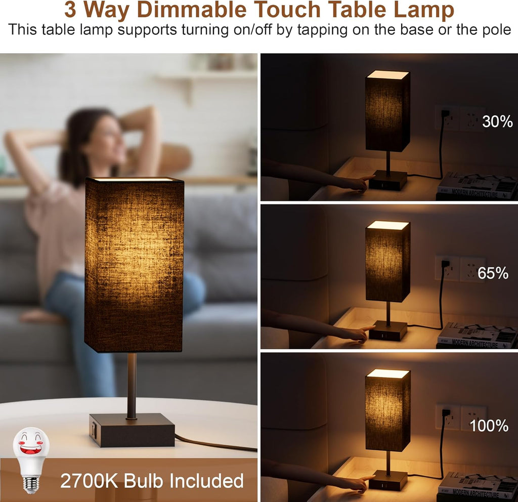 Table Lamp for Bedroom, 3 Way Dimmable Touch Bedside Lamp, Small Lamp with 2 USB & Outlet, Black Nightstand Lamps for End Table, Living Room, Desk, Bulb Included