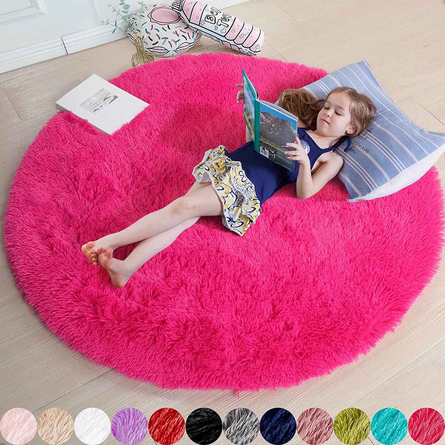 Hot Pink round Rug for Girls Bedroom,Fluffy Circle Rug 4'X4' for Kids Room,Furry Carpet for Teen Girls Room,Shaggy Circular Rug for Nursery Room,Fuzzy Plush Rug for Dorm,Pink Carpet,Cute Room Decor